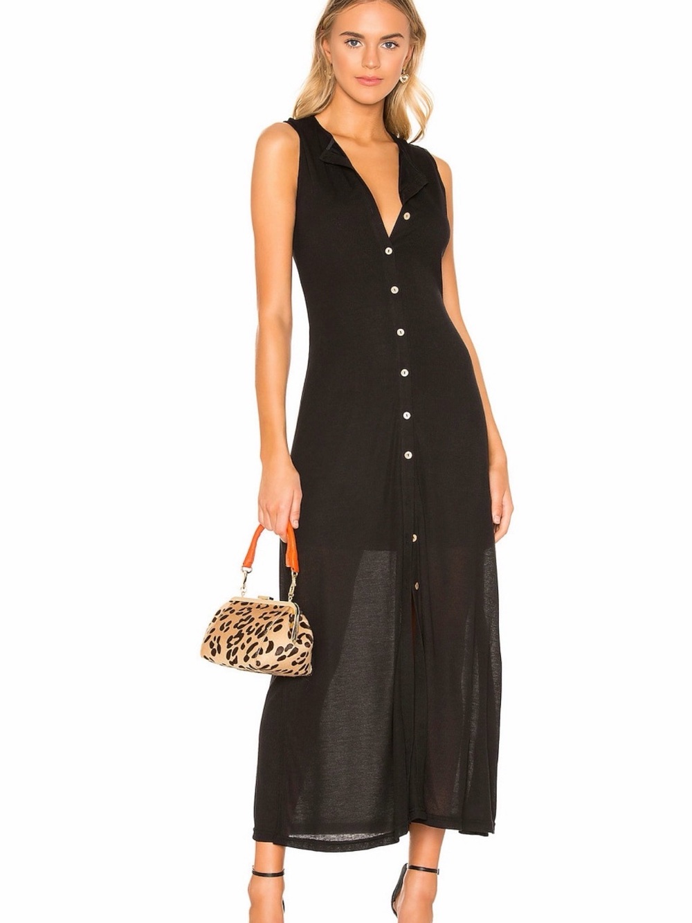 Reformation Black Sleeveless Button-Front Maxi Dress
